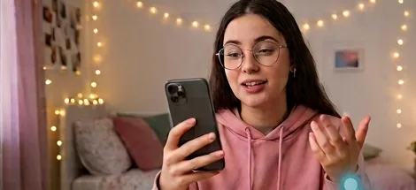 Uma participante na sala, pelo vídeo do celular